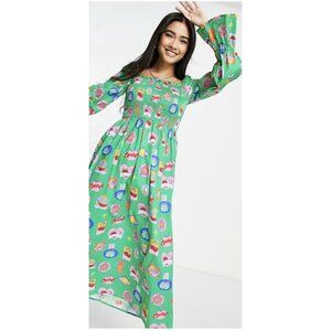 Never Fully Dressed Fruit Sticker Shirred Midi Dress Size 6 Green viral
